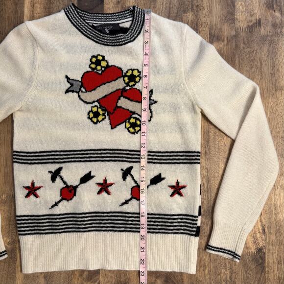 Marc Jacobs Tattoo Hearts Cherries 100% Wool Crewneck Sweater Ivory Size Small - Picture 6 of 10